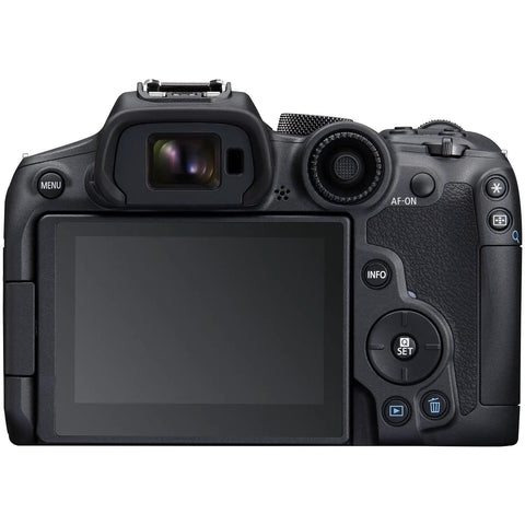 Rear view of EOS R7 Mirrorless Camera Body With RF-S 18-150mm F3.5-6.3 IS STM Lens showing controls and LCD screen