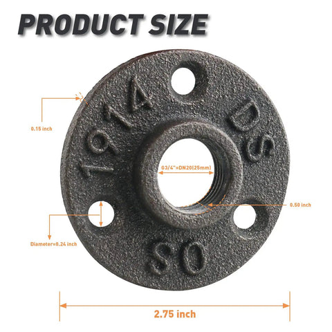 Three Quarter Inch Floor Flange Set Of Twenty For DIY Furniture Shelving Decor With An Old School Industrial Vibe In Malleable Iron Pipe Fittings With Threaded Holes shown with dimensions