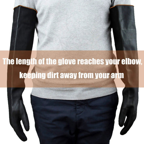 Heavy Duty Chemical Resistant Rubber Gloves 22 Inch Xl Natural Latex Industrial Work Grade worn on arms for elbow protection.