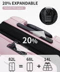 Expandable recycled polycarbonate carry-on luggage showing expansion to 82L with TSA lock and smooth YKK zippers.