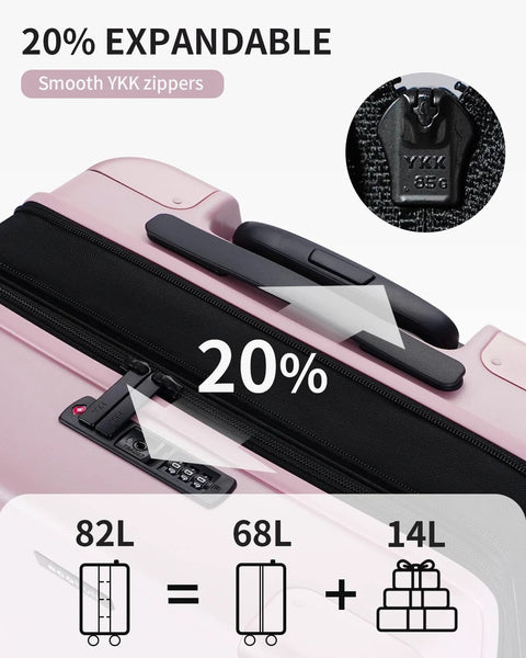 Expandable recycled polycarbonate carry-on luggage showing expansion to 82L with TSA lock and smooth YKK zippers.