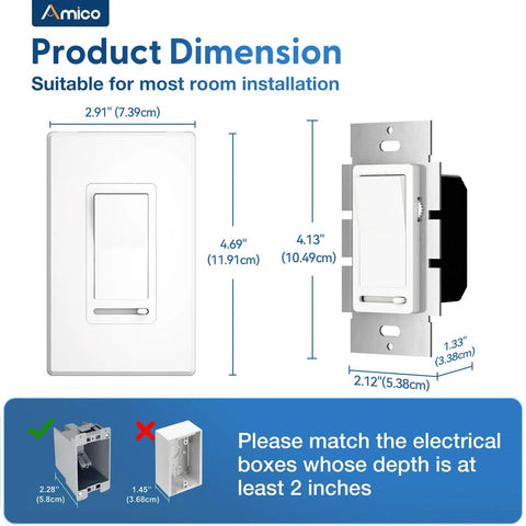 Slide Dimmer Switch For LED CFL And Incandescent Lights Single Pole Or 3 Way Dims Up To 150W For LED CFL Or 600W Incandescent No Neutral Required Wall Plate Included ETL Listed White dimensions and installation guide.