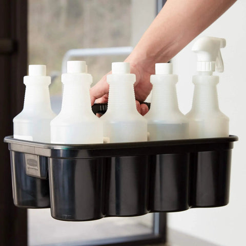 Hand carrying Deluxe Carry Caddy For Takeout Drinks And Cleaning Gear On The Go Grab And Go Haul For Coffee Cups Water Bottles in use