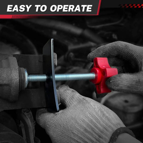 No Fuss Brake Caliper Compression Tool For Pad Replacement with hands operating the tool in a vehicle setting