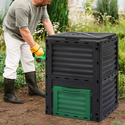 Man using 80 Gallon Large BPA Free Outdoor Compost Bin With Rotating Chamber And Sliding Door For Garden Patio All Season Fast Easy Odor Free Composting Of Kitchen Waste And Yard Scraps