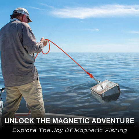 Person using Beast Mode Neodymium Fishing Magnet with Countersunk Hole, 1600 Lbs Pull, 4.72 Inch Diameter in open water