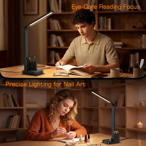 LED Desk Lamp For Home Office With USB Ports And AC Outlet, Dimmable Eye Care Light, used for reading and nail art tasks