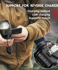 Person holding Beast Bright 8000 Lumen LED Flashlight with Zoomable Focus, USB charging, close-up of Type-C port.