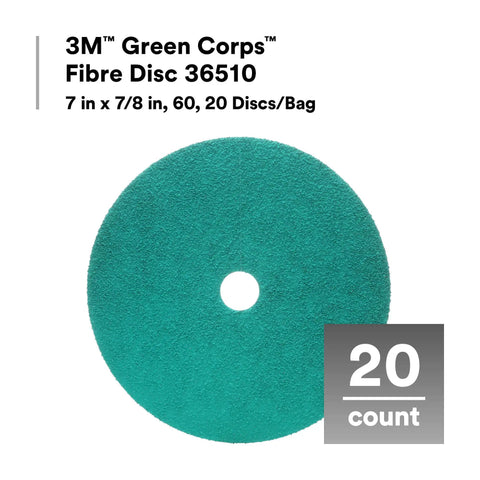 Ceramic Abrasive Fiber Disc 7 in x 7/8 in 60 Grit Resin Bond for Metal Grinding and Welds, displayed in green, 20 discs per bag.