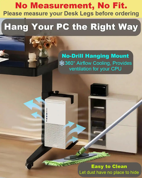 Under Desk PC Mount Clamp On CPU Holder With Non Slip Pads, Adjustable Height And Width For Standing Desks, No Drilling, 40 Lb Capacity, Fits 65 mm By 45 mm Desk Legs, Three Fixed Size Options showcasing airflow ventilation feature
