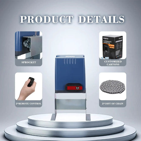 Sliding Gate Opener Kit With Remote Controls And Beefed Up Security Photocell Sensor, AC Motor, sprocket, chain, and carton box.