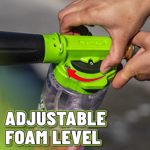 Close-up of Foam Blaster 6 Car Wash Gun with adjustable foam level knob for Thick Suds From Any Garden Hose Safe For Cars Trucks And SUVs