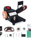 Top Shelf Compact 90 Degree Vertical Belt Sander With Electric Knife Sharpener Bench Grinder Kit, black with sanding belts and accessories.