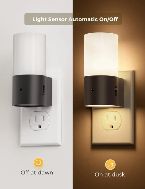 Two Pack Plug In Night Light With Dusk To Dawn Auto On Off, Soft White 3000K Cozy Glow, Rustic Black Frame Night Light in use