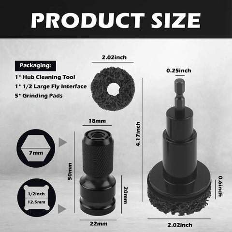 Badass Wheel Hub Cleaning Tool Kit That Kicks Rust Right Out Featuring One Half Inch Drive Adapter And Five Replaceable Grinding Pads, dimensions and components displayed.
