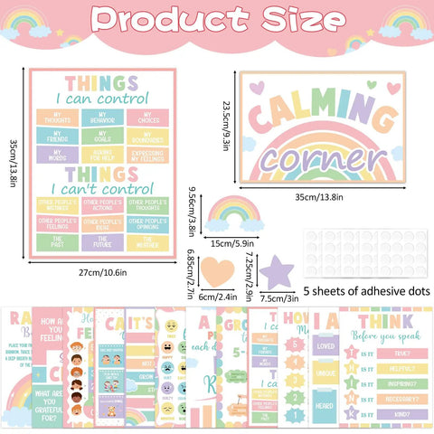 Calm Down Corner Posters for Classrooms Set, 19 Piece Pastel Emotions Poster Pack showing poster sizes and adhesive dots, teacher supplies.
