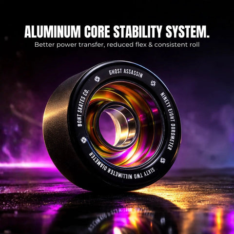 Ghost Assassin Aluminum Hub Roller Skate Wheels 62mm 98A Indoor Jam And Speed Set Of 8 Black showcasing aluminum core design