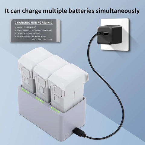 2-Pack Mini 3 Intelligent Flight Battery And 3-Channel Fast Charger Two-Way Charging Hub with batteries plugged in