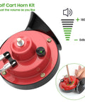 Universal 12 Volt Golf Cart Horn Kit with Easy Plug And Play Install, red horn, volume adjustment, wiring visible.