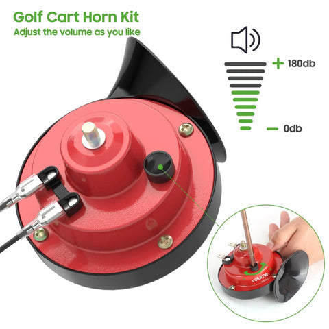Universal 12 Volt Golf Cart Horn Kit with Easy Plug And Play Install, red horn, volume adjustment, wiring visible.