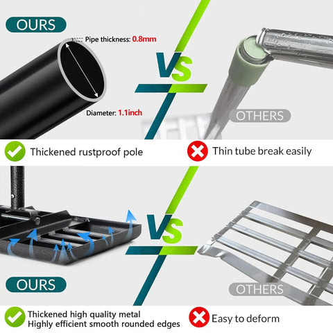 Comparison of Heavy Duty Lawn Leveling Rake vs others highlighting thickened rustproof pole and high-quality metal with smooth edges.