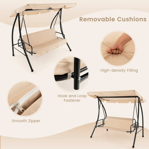 2 In 1 Convertible Porch Swing Bed With Adjustable Canopy And Removable Cushions Solid Metal Frame For Backyard Poolside Or Deck