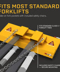 Heavy Duty Forklift Broom Attachment With 60 Inch Sweeping Path And 8 Dense Poly Rows Built Like A Tank For Smooth Operator Warehouse Maintenance Makes Light Work Of Compacted Dirt Rock Solid Jobsite Cleanup Grit Remover Equipment showing fork pockets and safety chains.