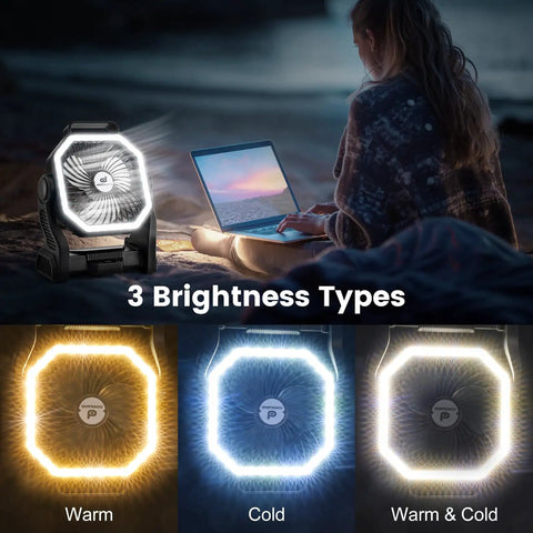 Rechargeable Camping Fan With 20000mAh Battery, LED Lantern, And Portable Power displaying 3 brightness types