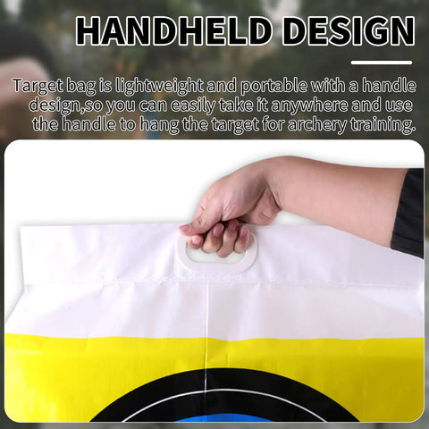 Hand holding Weatherproof Archery Target Bag Cover for Outdoor Range and Backyard Practice, heavy duty and empty. Size 19.68x19.68x7.87 inches.