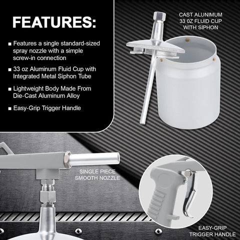 Heavy Duty Pneumatic Undercoating Spray Gun With 33 Oz Suction Feed Cup For Truck Bed Liner And Rubberized Rustproofing Aluminum Alloy features a spray nozzle and fluid cup.