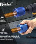 Pro Grade One Inch Copper Pipe Cleaner For Plumbers attached to a power drill, showing aircraft grade aluminum housing and stainless steel brushes.