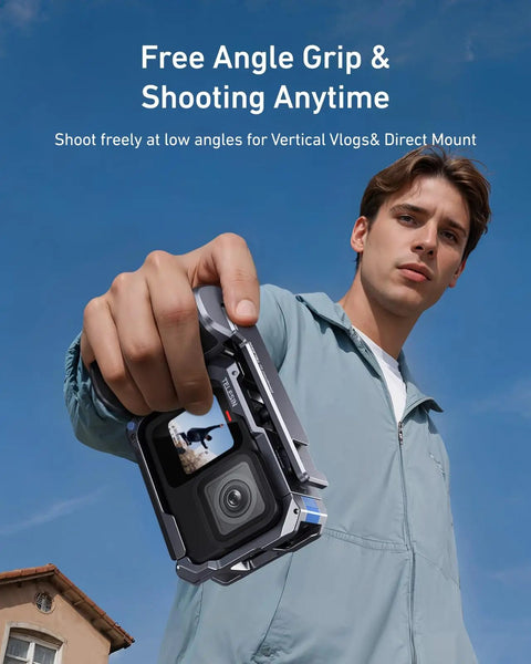 Person holding GoPro Hero 9 10 11 12 13 Street Grip Kit with metal rabbit cage and seesaw design, sky in background.