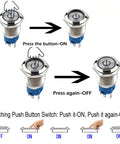 Two Pack 16mm Stainless Steel Latching Push Button Switch Waterproof IP65 12V 24V 5A SPDT On Off 1NO1NC With Blue LED action demo