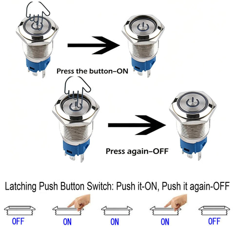 Two Pack 16mm Stainless Steel Latching Push Button Switch Waterproof IP65 12V 24V 5A SPDT On Off 1NO1NC With Blue LED action demo