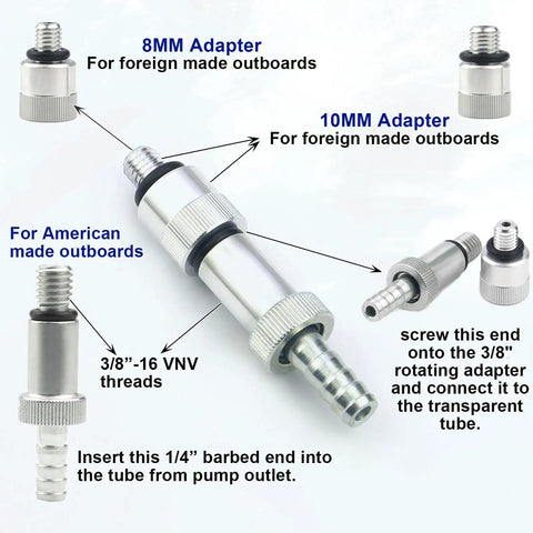 Gear Oil Pump For Marine Outboards Quick Pour Kit Fits Standard Quart Bottles with adapters and metal swivel connectors.