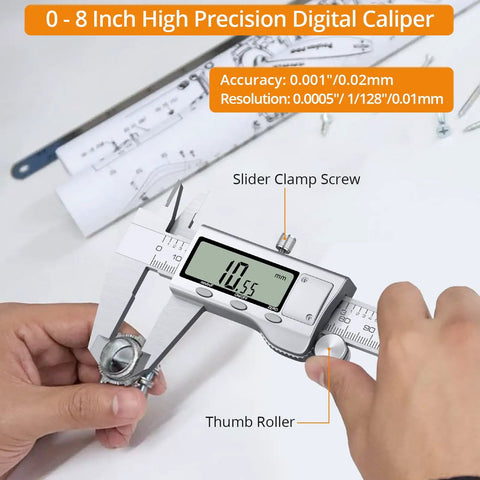 Using 8 Inch Digital Caliper Vernier Caliper With Stainless Steel LCD Display for measuring nut diameter with precision.