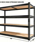 Beefy Four Tier Garage Storage Shelves With 2560 Lb Capacity 640 Lb Per Shelf 48 Inches Wide 24 Inches Deep 60 Inches High Heavy Duty Steel Frame And Thick MDF Shelves For Tools Bins And Bulk Storage, 4-shelf steel unit
