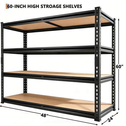 Beefy Four Tier Garage Storage Shelves With 2560 Lb Capacity 640 Lb Per Shelf 48 Inches Wide 24 Inches Deep 60 Inches High Heavy Duty Steel Frame And Thick MDF Shelves For Tools Bins And Bulk Storage, 4-shelf steel unit