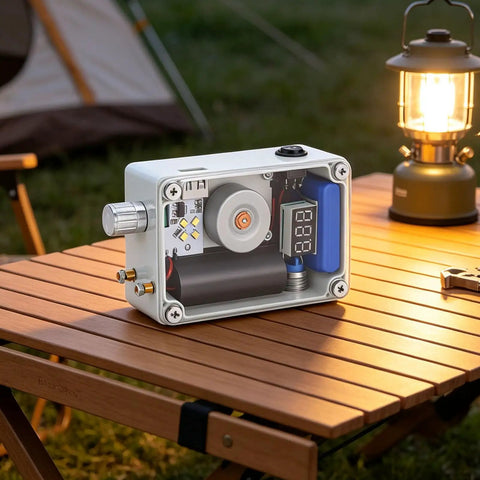 Hand Crank Generator With Adjustable Cob Led Light Portable Usb Charger For Emergency Prep Reliable Survival Power Bank shown on table with camping lamp.