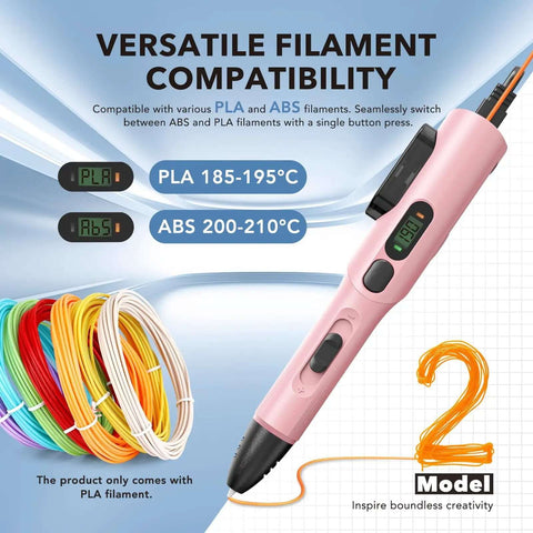 3D Printing Pen Kit With Adjustable Temperature And Stepless Speed For PLA And ABS Ceramic Nozzle LCD Display Pink Color For Dope Creative Art And DIY Projects displayed with filament options and temperature settings.