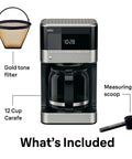 BrewSense 12 Cup Drip Coffee Maker With Pause And Pour Mid Brew No Fuss Coffee Machine With 24 Hour Timer And Clock, stainless finish.