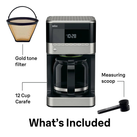 BrewSense 12 Cup Drip Coffee Maker With Pause And Pour Mid Brew No Fuss Coffee Machine With 24 Hour Timer And Clock, stainless finish.
