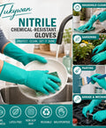 Badass Heavy Duty Nitrile Chemical Resistant Gloves Two Pair Medium Latex Free With Rock Solid Non Slip Grip And 15 Mil Thick Armor Against Oils Acids Or Serious Household Chores, shown while washing dishes.