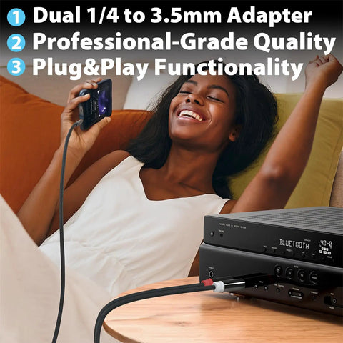 Three Point Five Millimeter To Dual One Quarter Inch TS Stereo Audio Cable with woman listening, connected to audio device