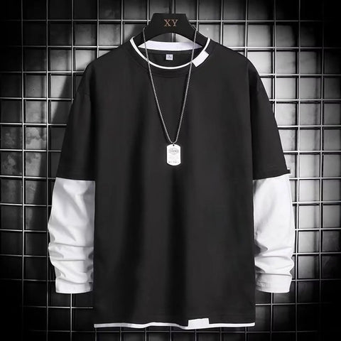 Mens black and white long sleeve shirt on hanger with metal tag necklace