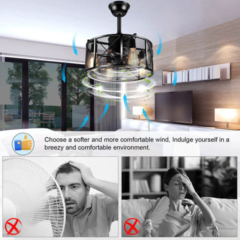 18 Inch Caged Ceiling Fan With Light And Remote Dope Industrial Farmhouse Style Modern Flush Mount in living room setting