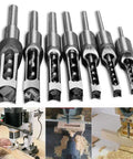 Square Hole Drill Bit Set For Woodworking, 7 Piece Mortising Chisel Bits showcased with use, 1/2 to 9/16 inch sizes