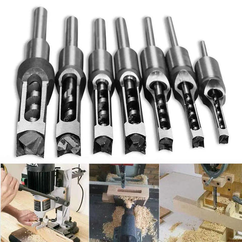 Square Hole Drill Bit Set For Woodworking, 7 Piece Mortising Chisel Bits showcased with use, 1/2 to 9/16 inch sizes