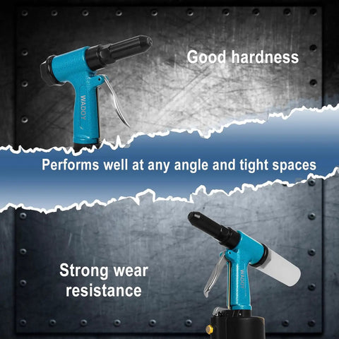 Solid As A Rock Heavy Duty Air Rivet Gun Kit Featuring Four Quick Change Nosepieces For Effortlessly Setting Aluminum Steel And Stainless Steel Rivets Up To Three Sixteenths Inch Industrial Pneumatic Tool Built To Crush Any Rigged Up Job Site Challenge