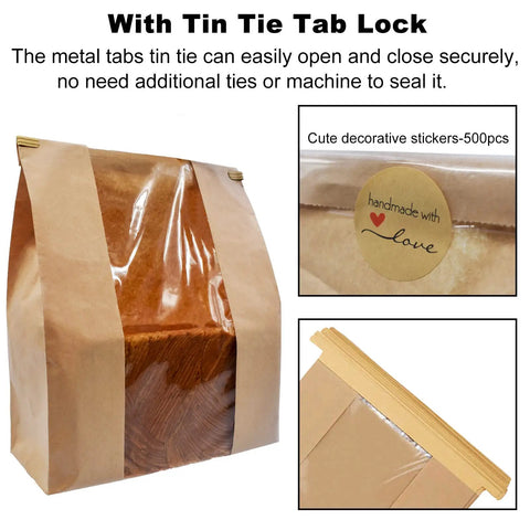 100 Pack Large Paper Bread Bags With Tin Tie Tab Lock Clear Front Window For Homemade Sourdough Bakery Packaging 14 X 8.3 X 3.5 Inches Includes Label Stickers And Cookie Bags showing tin tie lock and decorative sticker detail.